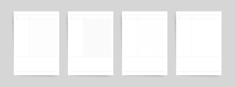 Minimalist Cornell Notes Paper Templates Set with Lined Grid Dot Layouts for Study Lecture School Notebook Printable Organizer Pages Vector