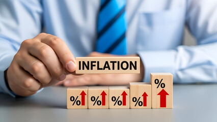 Businessman holding wooden block with inflation text and increasing percentage signs