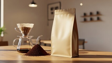 Coffee brewing setup with bag of beans and fresh grounds.