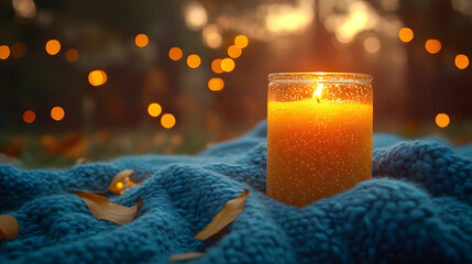 A cozy scene of a handmade soy wax candle in a glass jar, with soft candlelight flickering beside a book, dried flowers, and a warm knitted blanket