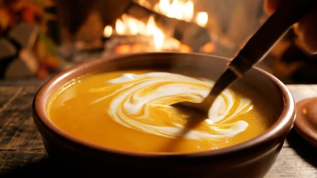 Delicious creamy soup with a swirl of cream in a rustic bowl by a warm fire.