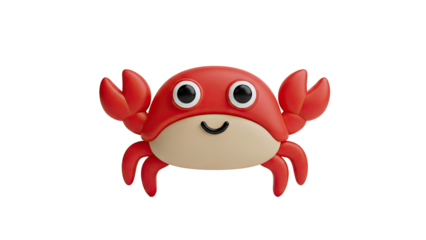3D Cute red cartoon crab character with a happy smile on transparent background