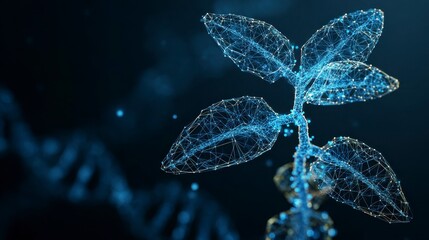 A digital representation of a plant's structure with connected lines and nodes, a blue-toned image