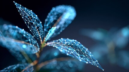 A digitally rendered plant is shown.  Its leaves and stem are replaced with a blue network of interconnected dots and lines, set against a dark background