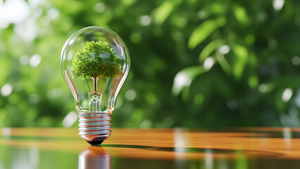 A light bulb with a small tree inside on a wooden table outdoors in a natural setting with greenery