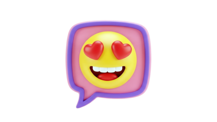 3D Emoji with heart eyes in speech bubble on transparent background