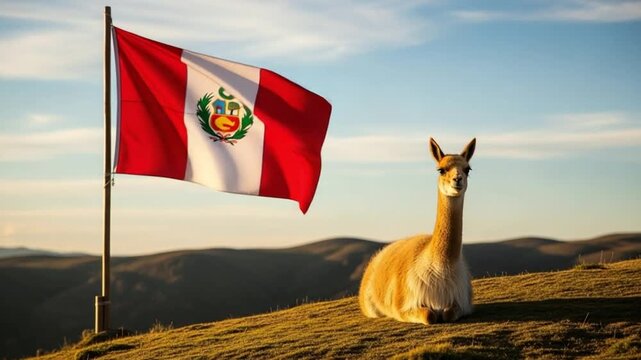 Majestic Vicuna by the Peruvian Flag in a Scenic Landscape during Sunrise