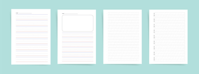 Handwriting Practice Paper Templates Set Primary Ruled Sheets with Name Field for Kids School Learning Printable Vector