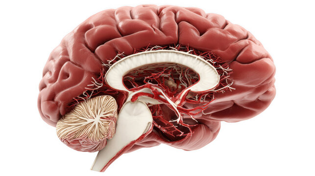 Blood vessels are supplying a human brain affected by a disease, showing the concept of blood brain barrier and its importance in protecting the central nervous system on a transparent background