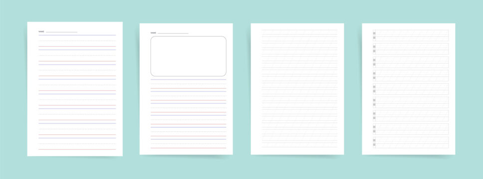 Handwriting Practice Paper Templates Set Primary Ruled Sheets with Name Field for Kids School Learning Printable Vector