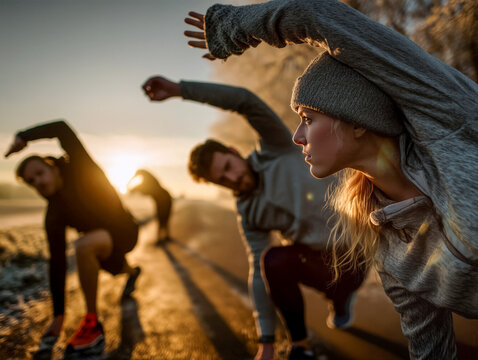 runners stretching muscles before a run or warm-down, New Year resolution to get fit