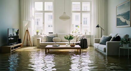 Apartment succumbs to devastating flood, murky river water submerging exquisite furniture and priceless decor.