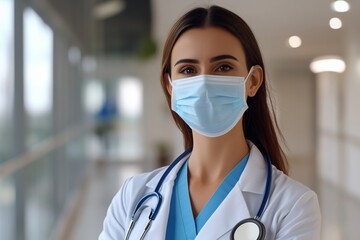 Smiling female medical professional wearing a protective surgical mask, exuding confidence and care.