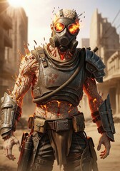 Dust devils: irradiated ghoul character in sandstorm ruined desert city