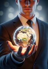 Businessman holding glowing earth globe with network and glowing nodes, concept of globalization