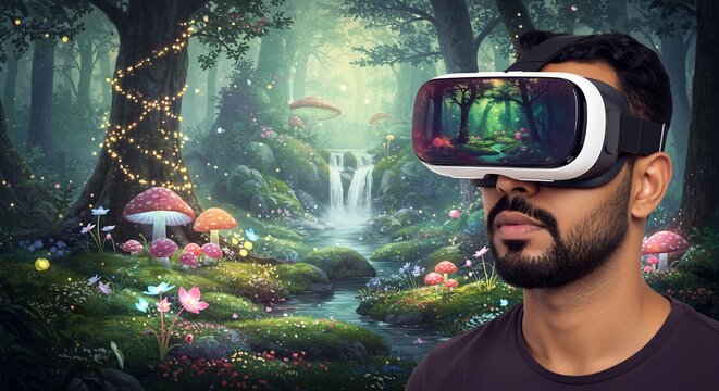未来技術が織りなすきらめく光が降り注ぐ幻想的なVR空間に完全に没入し美しい滝や神秘的なキノコが彩る夢のような体験を楽しむ男性. AI Generated