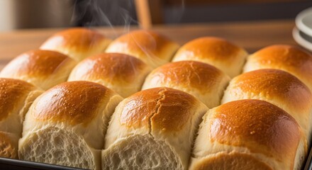 Golden-brown dinner rolls fresh from the oven, close-up.