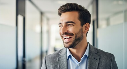 Happy laughing business man leader executive, smiling confident professional businessman wearing suit