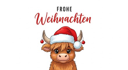 Cute fluffy cartoon highland cow in santa hat with baubles
