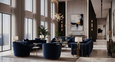 Luxurious residential building lobby showcasing elegant contemporary design and sophisticated interior architecture