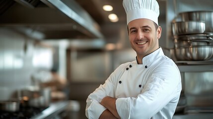 A joyful and experienced male chef with a friendly smile, casually leaning against a gleaming stainless steel cabinet