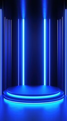 Sophisticated high-tech podium presentation illuminated by cool white and electric blue neon accents against a minimalist aseptic background.