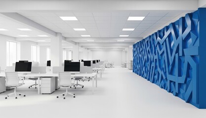 Sleek and professional modern office interior featuring a blue accent wall, designed for collaborative work.