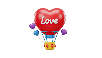 3D Heart shaped hot air balloon with word love and balloons on transparent background