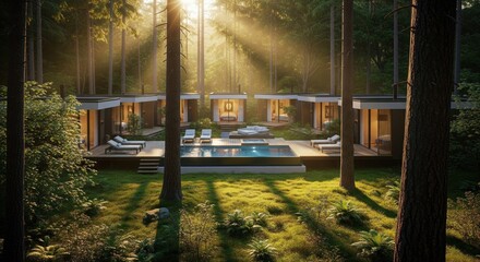 Luxurious mountain cabin complex nestled in a serene forest, featuring a refreshing outdoor swimming pool