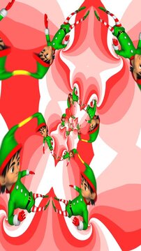 Vertical seamless psychedelic animation of dancing elves. Hypnotic Christmas background.