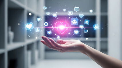 Hand with glowing icons and symbols floating above in modern room