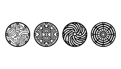 Abstract circular geometric ornament set including tech circuit and spiral patterns vector graphics.