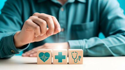A person holding a small object over wooden blocks with medical symbols on them