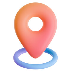 A vibrant 3D render of a warm orange gradient location pin icon hovering above a purple and blue circular base.