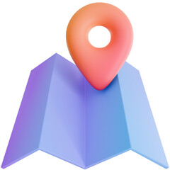 A 3D render of an orange gradient location pin marker floating above a folded digital map with purple blue gradients.