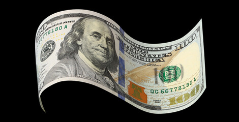 Curved hundred dollar banknote, isolated on black background