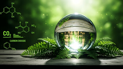 A crystal ball reflecting a cityscape surrounded by green ferns and carbon chemistry formulas on a dark background with a bright light