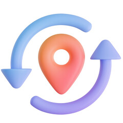 3D Rendered Cute Pastel Blue Arrow Circle with Orange Map Pin Marker for Route Loop and Location Concept