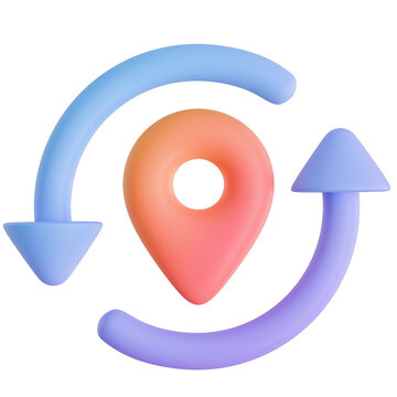 3D Rendered Cute Pastel Blue Arrow Circle with Orange Map Pin Marker for Route Loop and Location Concept