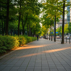 Fototapeta premium Sunny Urban Sidewalk Lined with Green Ginkgo Trees and Person Walking in Distance