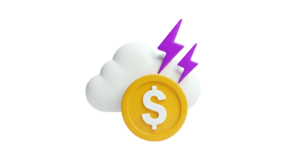 3D Money Coin with Dollar Sign Lightning Cloud on transparent background