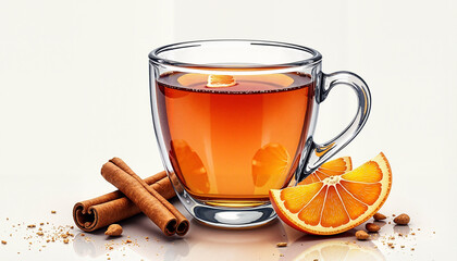 Cup of tea with cinnamon and oranges, warming beverage