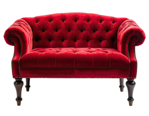 Plush, button-tufted, two-seater sofa in a rich crimson, set against a transparent background