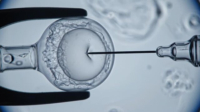 P243-IVF In vitro fertilisation. Fertilized egg cell and needle 4K 10s