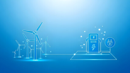 Sustainable energy and technology icons on blue gradient background with white outlines