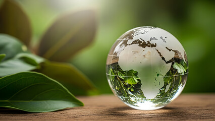 Glass globe with green leaves reflecting earth on wooden surface in natural setting with blurred background