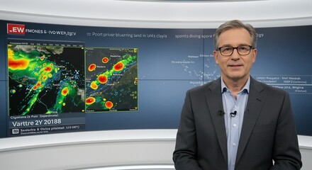 明るいスタジオで男性キャスターが最新気象データを大型スクリーンに映し出し解説するプロフェッショナルな姿。. AI Generated