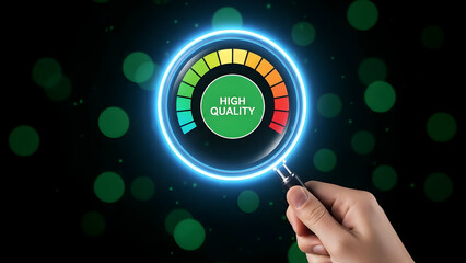 High quality gauge meter with hand holding magnifying glass isolated on black background with green dots