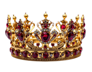 A regal golden crown with many red jewels and sparkling accents, set against a black backdrop