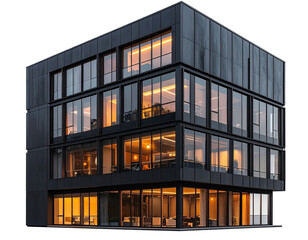 Fototapeta premium Modern, boxy, four-story building at twilight
